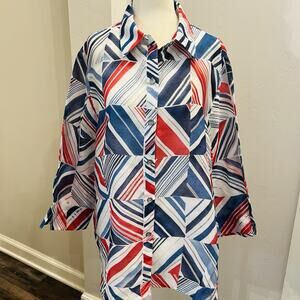 Alfred Dunner Women’s 18 Button Blouse Shirt Red White Blue Geometric (A0125)